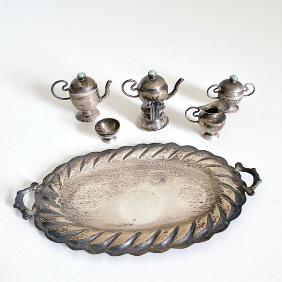 STERLING SILVER MINIATURE TEA AND COFFEE SERVER SET 6 PCS - Picture 1 of 12